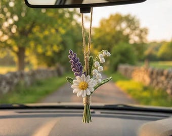 Adorno floral de ganchillo para coche - Ramo de lirios del valle y margaritas - Para colgar en el espejo retrovisor - Decoración floral estética para coche R-26042603
