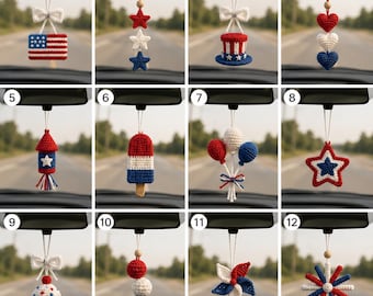 Crochet Patriotic Car Hanging, Red White Blue Stars Mirror Charm, USA 250th Anniversary Decor, Handmade New Car Gift R-13052626