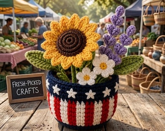 Varias flores de ganchillo patrióticas en maceta: rosa roja y margarita, decoración para el 4 de julio, maceta con la bandera estadounidense, regalo para el Día de la Independencia R-04052619