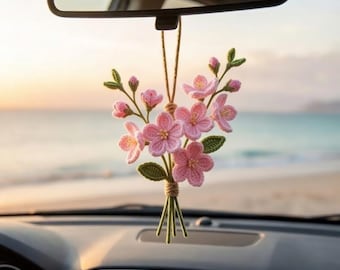 CUSTOM Crochet Flower Car Charm, Daisy Lavender Bouquet Rear View Mirror Decor, Handmade Car Accessory, Boho Flower Lover Gift R-04052602