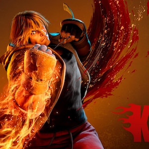 May include: A digital illustration of a blonde fighter in a black hoodie and red pants performing a punch with a flaming fist. The character has a determined expression, and the word KEN is printed in bold red letters in the bottom right corner.