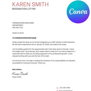 Peut inclure: Modèle de lettre de démission avec un fond blanc et une bordure rose et rouge. La lettre comprend le nom "Karen Smith" et le logo Canva. Les coordonnées sont en bas.