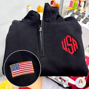 Individuell gesticktes USA Quarter Zip Sweatshirt, Ärmel mit amerikanische Flagge