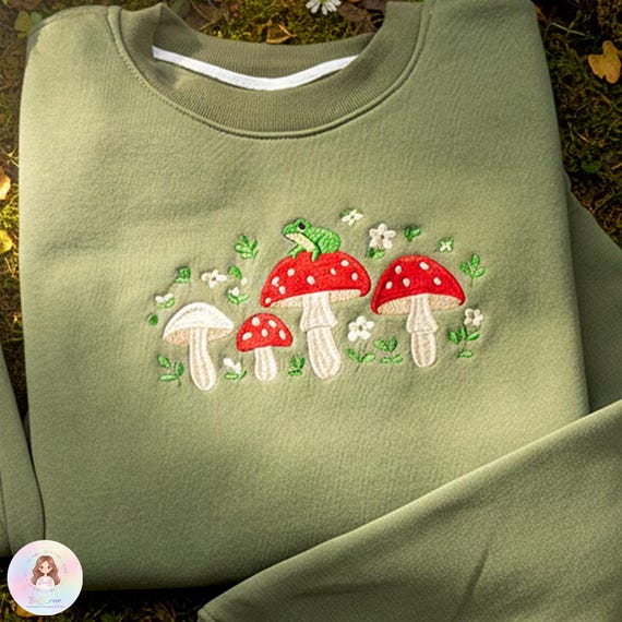 Embroidered Mushroom Sweatshirt, Cottagecore Frog Shirt, Toad on Fungi Embroidery, Cute Woodland Hoodie, Aesthetic Nature Gift