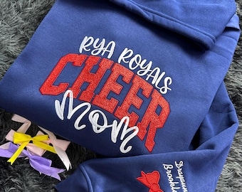 Personalized Cheer Mom Sweatshirt, Custom Team Name Glitter Embroidery, Cheer Mom Gift, Name & Bow Sleeve
