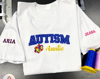 Personalized Glitter Autism Auntie T-Shirt, Custom Name Awareness Tee