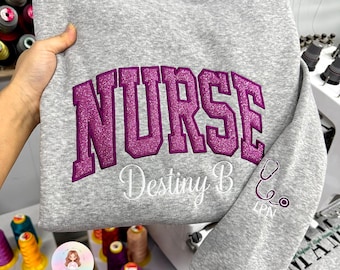 Personalized Nurse Sweatshirt, Custom Name Embroidered Crewneck, RN LPN NP Glitter Nurse Gift