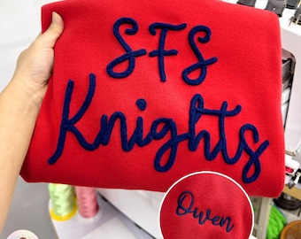 Custom Chenille Team Sweatshirt, Embroidered Name Sleeve, School Spirit Apparel