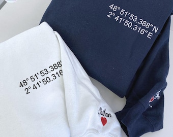 Sudadera o sudadera con capucha con coordenadas bordadas personalizadas, regalos para relaciones a distancia.