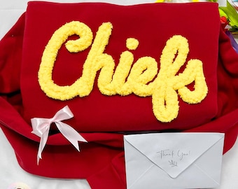 Sudadera bordada con hilo de chenilla personalizado, bordado con el espíritu del equipo de fútbol, camiseta deportiva para el día del partido