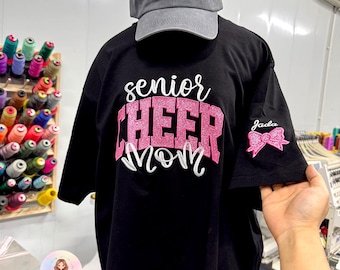 Senior Cheer Mom Sweatshirt, Custom Glitter Embroidered Cheer Mom Crewneck, Personalized Senior Cheer Mom Gift, Name on Sleeve