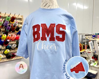 Custom Cheer Shirt, Personalized School Initials Tee, Glitter Applique Cheer Team Shirt, Name on Sleeve Cheerleader Gift