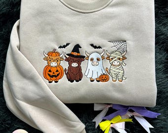 Sudadera de vaca de Halloween, cuello redondo con bordado de vaca, suéter para la temporada de Halloween