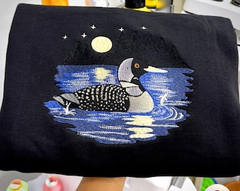 Embroidered Loon bird sweatshirt, moonlight forest hoodie, lake life wildlife sweater, rustic cabin cozy fall gift