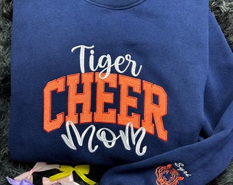 Personalized Cheer Mom Sweatshirt, Custom Team Name, Glitter Embroidered Crewneck, Custom Sleeve Logo/Icon