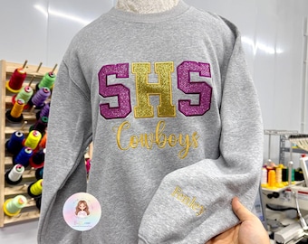 Custom Cheer Sweatshirt, Glitter Embroidered Varsity Letter Crewneck, Personalized Team Shirt, Name Sleeve Gift