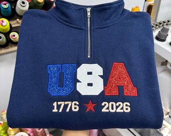 Sudadera con cremallera de un cuarto bordada con purpurina de EE. UU., jersey patriótico 1776 2026, atuendo del 4 de julio, manga con bandera, regalo de independencia