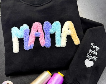 Sudadera de chenilla personalizada para mamá, mangas con nombres de niños bordados a medida, regalo para el Día de la Madre.