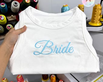Custom Embroidered Bride Party Crop Top, Bridesmaid, Personalized Text Ribbed, Strap Tank Top