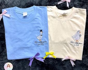 Personalized Goose Couple Shirt, Custom Name Embroidered Tee, Mr Mrs Goose, Est Year Wedding Gift, Matching Couple Shirt
