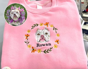 Custom Pet Portrait Embroidered Sweatshirt, Floral Wreath Name Hoodie, Pet Lover Shirt Gift