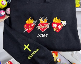 Sudadera bordada de la Sagrada Familia Corazones, Sudadera con capucha católica del Sagrado Corazón, Sudadera personalizada con capucha de la fe