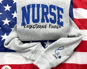 Sudadera personalizada con bordado brillante para enfermera / Funda personalizada para estetoscopio / Regalo para enfermera, estudiante de medicina, sudadera de cuello redondo para el sector sanitario
