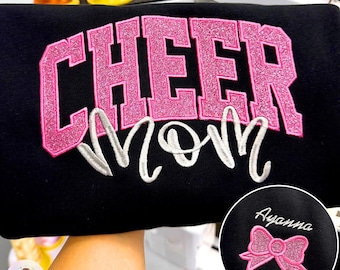 Sudadera personalizada con bordado de purpurina para Cheer Mom, nombre personalizado y lazo