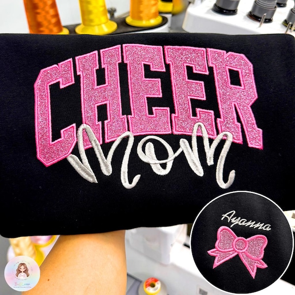 Custom Glitter Embroidered Cheer Mom Sweatshirt, Personalized Name & Bow