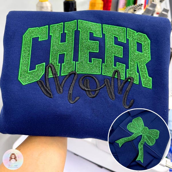 Custom Glitter Embroidered Cheer Mom Sweatshirt With Side Bow, Team Spirit Gift, Game Day
