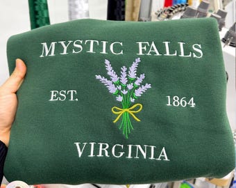 Mystic Falls Virginia Embroidered Sweatshirt, Vintage Town Floral Crewneck, Lavender Hometown Gift