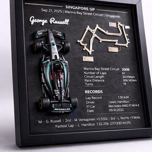 Puede incluir: Obra de arte enmarcada con un marco negro, que muestra un coche de carreras de Fórmula 1 en negro y verde azulado, un mapa de la pista e información de la carrera. El texto incluye "Singapore GP", "George Russell" y estadísticas de la carrera.
