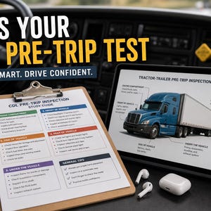 May include: A CDL pre-trip inspection study guide on a clipboard and a tablet displaying a tractor-trailer diagram. The text reads PASS YOUR CDL PRE-TRIP TEST, STUDY SMART. DRIVE CONFIDENT. Includes a stack of papers, white earbuds, and a tumbler.