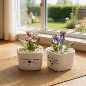 Può includere: Due piccoli vasi di ceramica bianca con fiori di tulipano in vetro. Un vaso ha tulipani rosa, l'altro ha tulipani viola. I vasi hanno il testo "To the world's best mom" e "Thank you".