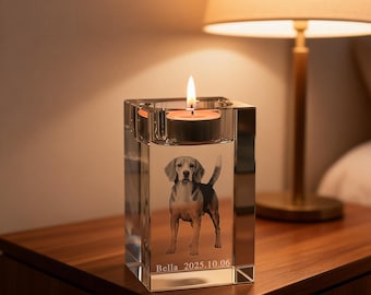 Custom 3D Crystal Photo Candle Holder:3D Laser Inner Engraving Dog Gift Photo Crystal Candle Holder, Cat Engraved Pet Memorial Gift