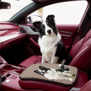 Puede incluir: Un Border Collie blanco y negro está sentado en el asiento delantero de un coche con interior de cuero burdeos. Una cama para perros con una ilustración de perro a juego descansa sobre la consola central. El perro mira a la cámara.