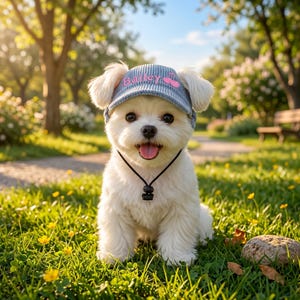 May include: A small white dog with fluffy fur wearing a light blue corduroy visor cap. The cap features the embroidered name Bailey in pink letters next to a small pink cherry icon. A thin black chin strap with an adjustable toggle is attached.