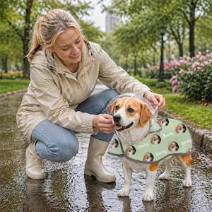 May include: A light green dog raincoat featuring a repeating pattern of a beagle's face and the name Rocky printed in white script. The raincoat includes a clear plastic hood and dark grey trim along the edges, designed for a medium-sized dog.