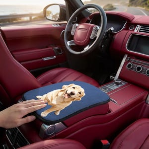 May include: A blue car armrest cover featuring a smiling golden retriever illustration. The cover is placed in a red car interior, with a steering wheel and dashboard visible. The dog is light brown with a pink tongue.