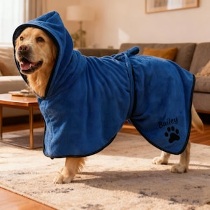 Puede incluir: Un golden retriever con una bata azul con capucha. La bata tiene ribetes negros, un cierre de lazo y el nombre "Bailey" con una huella de pata. El perro está sobre una alfombra estampada.