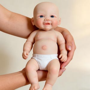 May include: A lifelike baby doll with a bald head, blue eyes, and a smiling expression. The doll is wearing a white diaper. The doll is being held by a person.