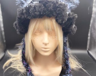 Gorro de orejas de gato tejido a mano a crochet, capucha esponjosa estilo Y2K