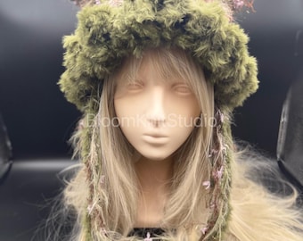 Gorro de orejas de gato esponjoso, gorro de ganchillo hecho a mano, capucha peluda verde, regalo para ella