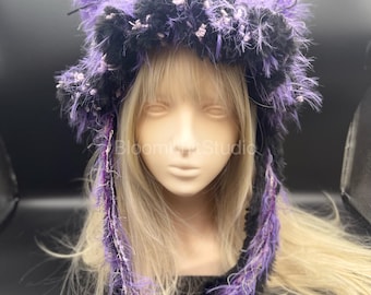 Crochet Cat Ear Hat, Handmade Furry Beanie, Purple Fuzzy Hood, Gift for Her