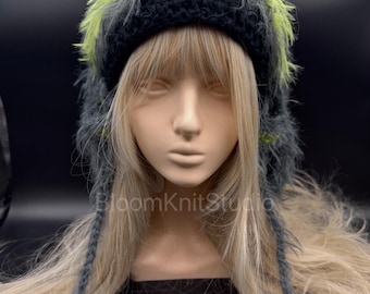 Gorro de conejito hecho a mano: gorro de invierno verde esponjoso Y2K de crochet, regalo para ella