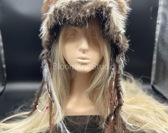 Gorro de crochet hecho a mano, gorro peludo con orejas de gato, regalo de Navidad Y2K para ella