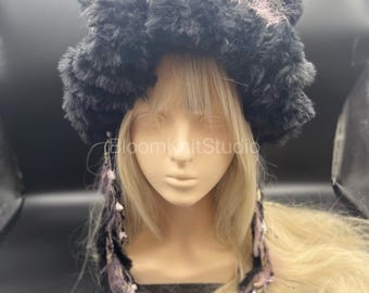 Gorro de ganchillo hecho a mano: Gorro esponjoso y peludo, capucha de invierno con orejas de gato estilo Y2K, regalo para ella