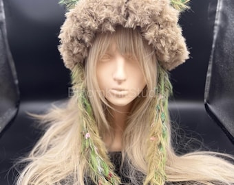 Gorro de orejas de gato afelpado hecho a mano a crochet, estilo Y2K