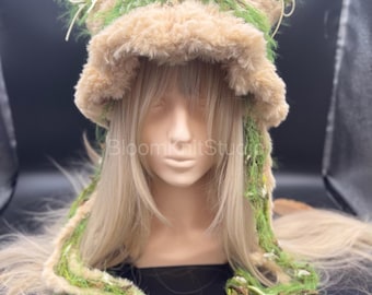 Gorro de orejas de gato de ganchillo, gorro esponjoso hecho a mano