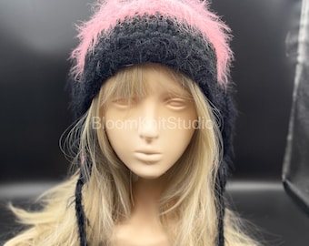 Capucha de conejito rosa de crochet, gorro Y2K hecho a mano, regalo de Navidad único para ella